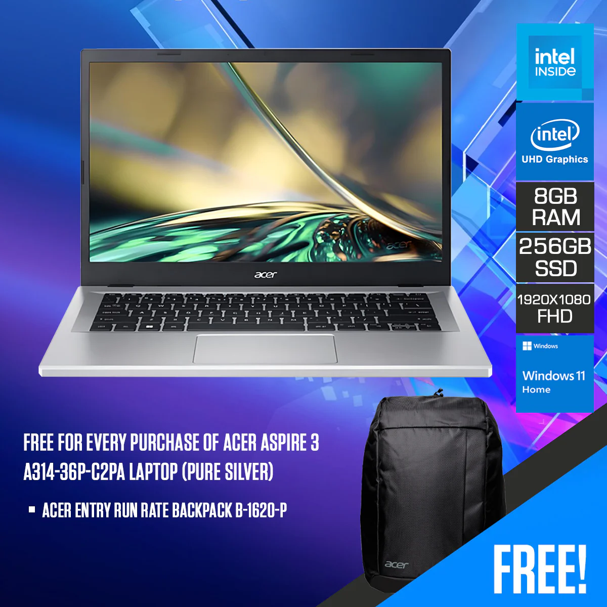 Acer Aspire 3 A314-36P-C2PA Laptop (Pure Silver) | 14" FHD (1920x1080) | Intel Processor N100 | 8GB RAM | 256GB SSD | Intel UHD Graphics | Windows 11 Home | Acer Entry Run Rate Backpack B-1620-P