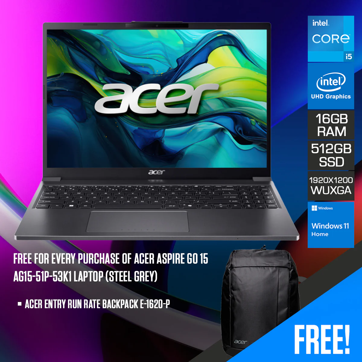 Acer Aspire Go 15 AG15-51P-53K1 Laptop (Steel Grey) | 15.3" IPS | i5-1334U | 16GB RAM | 512GB SSD | Intel UHD Graphics | Windows 11 Home | Acer Entry Run Rate Backpack E-1620-P