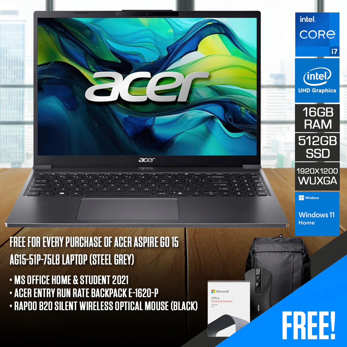 Acer Aspire Go 15 AG15-51P-75L8 Laptop (Steel Grey) | 15.3" WUXGA (1920x1200) IPS | i7-1355U | 16GB RAM | 512GB SSD | Intel UHD Graphics | Win 11 Home | MS Office H&S 2021+ Acer Entry Run Rate Backpack E-1620-P +  Rapoo B20 Silent Wireless Optical Mouse