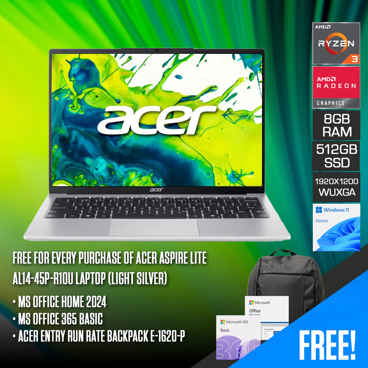 Acer Aspire Lite AL14-45P-R10U Laptop (Light Silver) | 14" WUXGA (1920x1200) IPS | Ryzen 3 5400U | 8GB RAM | 512GB SSD | AMD Radeon Graphics | Windows 11 Home | MS Office Home 2024 + MS Office 365 Basic + Acer Entry Run Rate Backpack E-1620-P