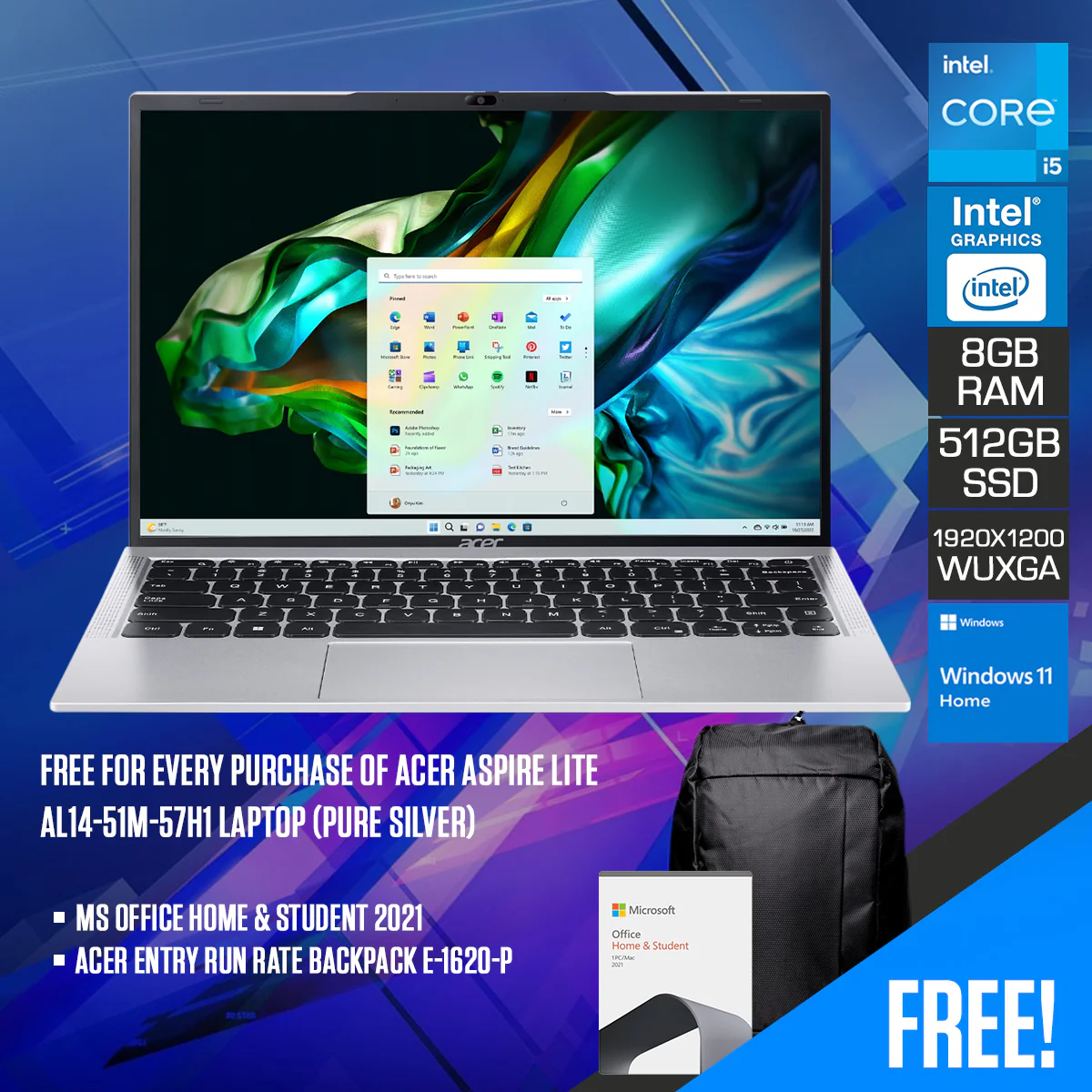 Acer Aspire Lite AL14-51M-57H1 Laptop (Pure Silver) | 14" WUXGA (1920x1200) IPS | i5-1235U | 8GB RAM | 512GB SSD | Intel UHD Graphics | Windows 11 Home | MS Office Home & Student 2021 | Acer Entry Run Rate Backpack E-1620-P