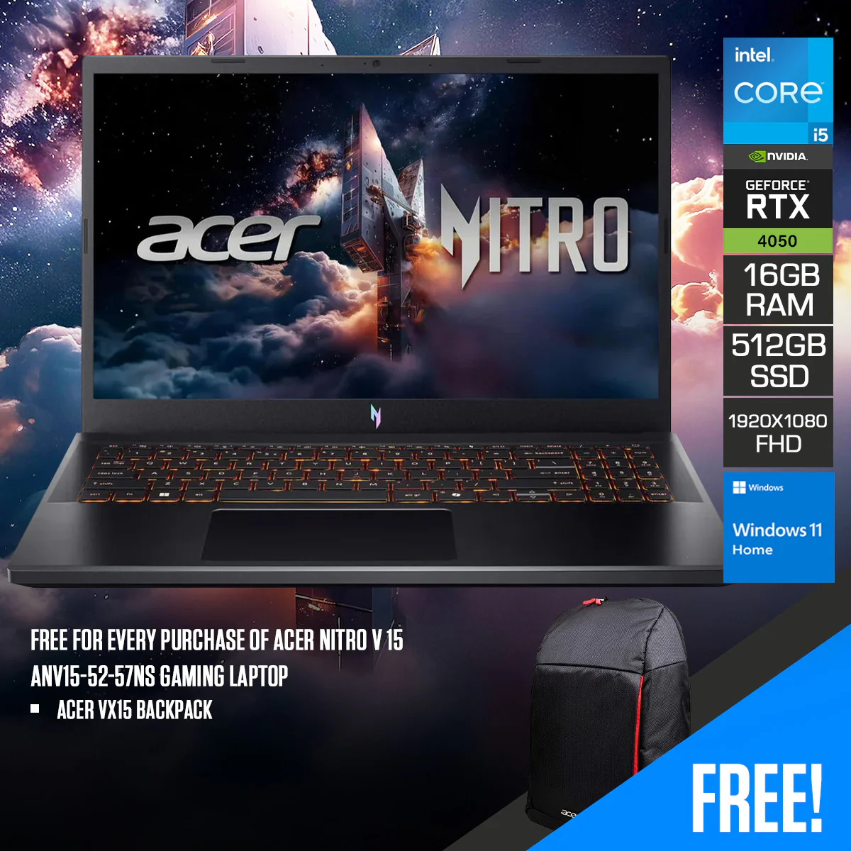 Acer Nitro V 15 ANV15-52-57NS Gaming Laptop | 15.6" FHD (1920x1080) 165Hz IPS | Intel Core 5 210H | 16GB RAM | 512GB SSD | RTX 4050 | Windows 11 Home + Acer VX15 Backpack