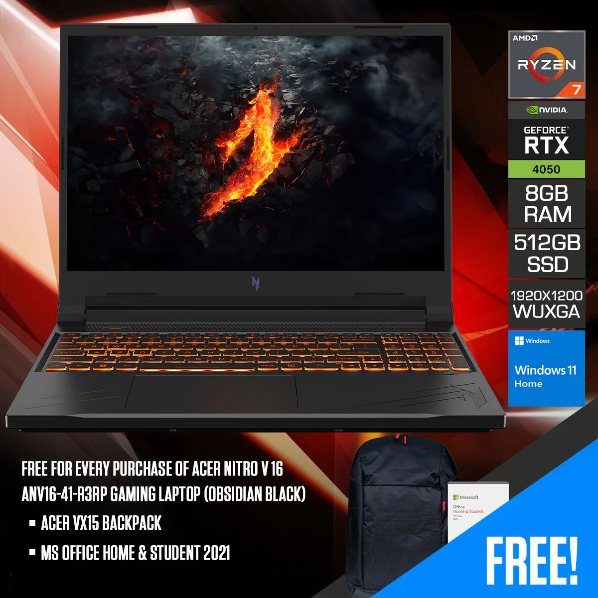 Acer Nitro V 16 ANV16-41-R3RP Gaming Laptop (Obsidian Black) | 16" WUXGA (1920x1200) IPS 165Hz | Ryzen 7 8845HS | 8GB RAM | 512GB SSD | RTX 4050 | Windows 11 Home | MS Office Home & Student 2021 | Acer VX15 Backpack
