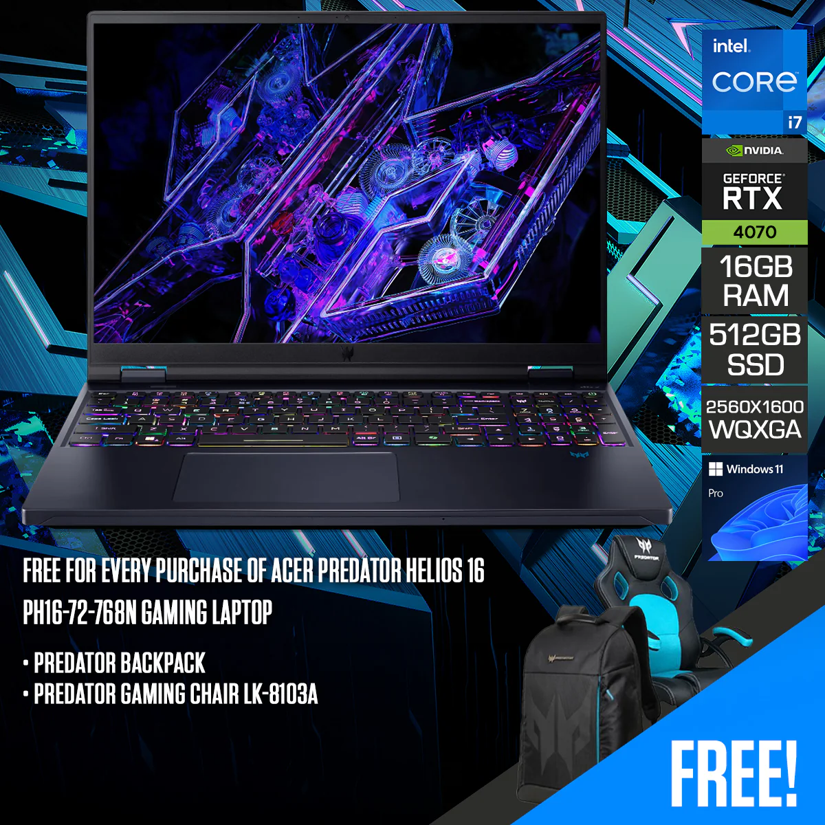 Acer Predator Helios 16 PH16-72-768N Gaming Laptop | 16" WQXGA (2560x1600) 240Hz | i7-14700HX | 16GB RAM | 512GB SSD | RTX 4070 | Windows 11 Pro | Predator Backpack + Predator Gaming Chair LK-8103A