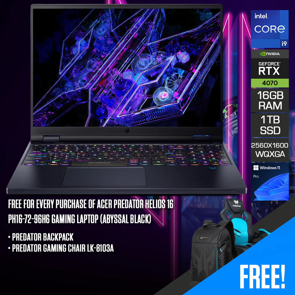 Acer Predator Helios 16 PH16-72-96H6 Gaming Laptop (Abyssal Black) | 16" WQXGA (2560x1600) 240Hz | i9-14900HX | 16GB RAM | 1TB SSD | RTX 4070 | Windows 11 Pro  + Predator Backpack + Predator Gaming Chair LK-8103A