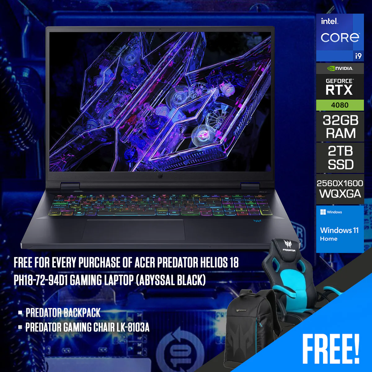 Acer Predator Helios 18 PH18-72-94D1 Gaming Laptop (Abyssal Black) | 18" WQXGA (2560x1600) 240Hz IPS | i9-14900HX | 2x16GB RAM | 2x1TB SSD | RTX 4080 | Windows 11 Pro | Predator Backpack | Predator Gaming Chair LK-8103A