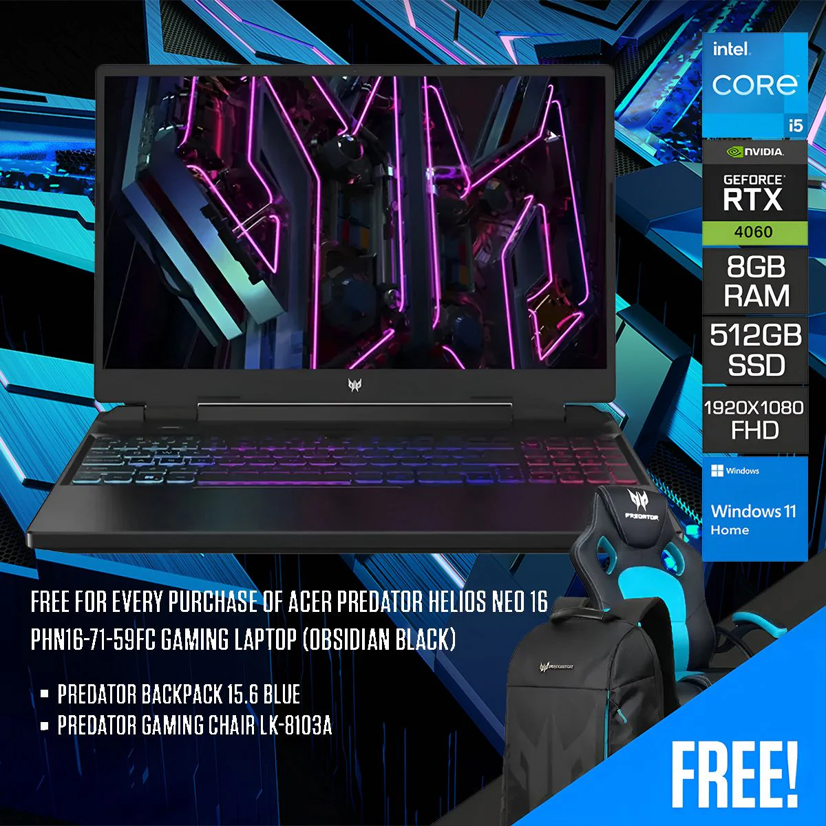 Acer Predator Helios Neo 16 PHN16-71-59FC Gaming Laptop (Obsidian Black) | 16” FHD (1920 x1080) 165Hz | i5-13500HX | 8GB RAM | 512GB SSD | RTX 4060 | Windows 11 Home | Predator Backpack | Predator Gaming Chair LK-8103A