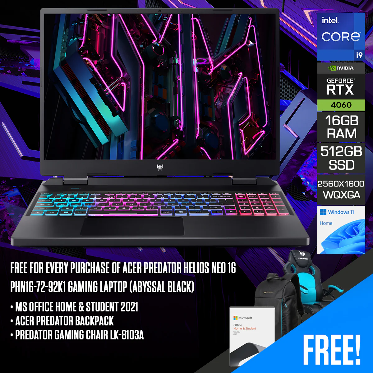 Acer Predator Helios Neo 16 PHN16-72-92K1 16" OPI Gaming Laptop (Abyssal Black) | WQXGA 2560x1600 IPS 180Hz | i9-14900HX | 16GB RAM | 512GB SSD | RTX 4060 | Win 11 Home | MS Office H&S 2021 | Acer Predator Backpack + Predator Gaming Chair LK-8103A