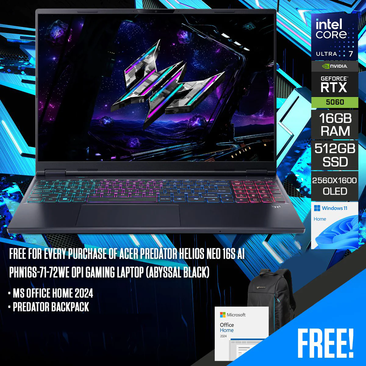 Acer Predator Helios Neo 16S AI PHN16S-71-72WE OPI Gaming Laptop (Abyssal Black) | 16 WQXGA (2560x1600) 240Hz OLED | Core Ultra 7 255HX | 16GB RAM | 512GB SSD | RTX 5060 | Windows 11 Home | MS Office Home 2024 + Predator Backpack