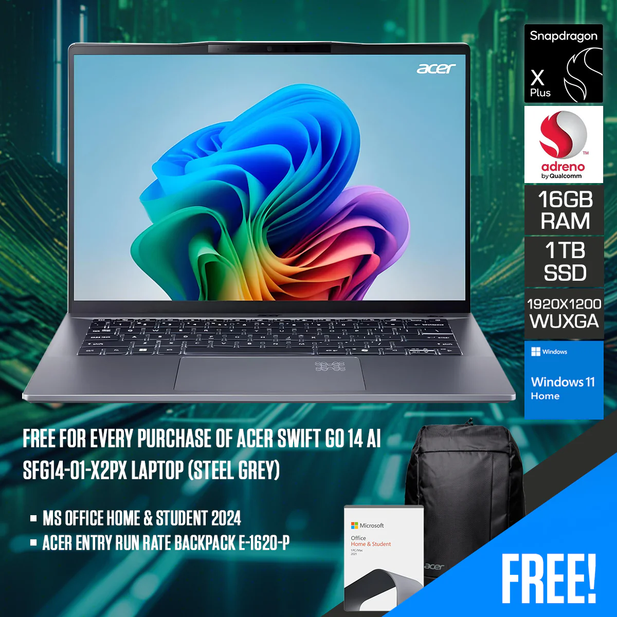 Acer Swift Go 14 AI SFG14-01-X2PX Laptop (Steel Grey) | 14.5" WUXGA (1920x1200) IPS | Qualcomm Snapdragon X Plus X1P-42-100 | 16GB RAM | 1TB SSD | Qualcomm Adreno GPU | Win 11 Home | MS Office Home & Student 2024 + Acer Entry Run Rate Backpack E-1620-P