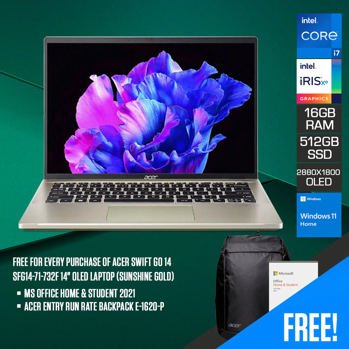 Acer Swift Go 14 SFG14-71-732F Laptop (Sunshine Gold) | 14" Oled 2880 x 1800 | i7-13700H | 16GB RAM | 512GB SSD | Intel Iris Xe Graphics | Windows 11 Home | MS Office Home & Office 2021 | Acer Entry Run Rate Backpack E-1620-P