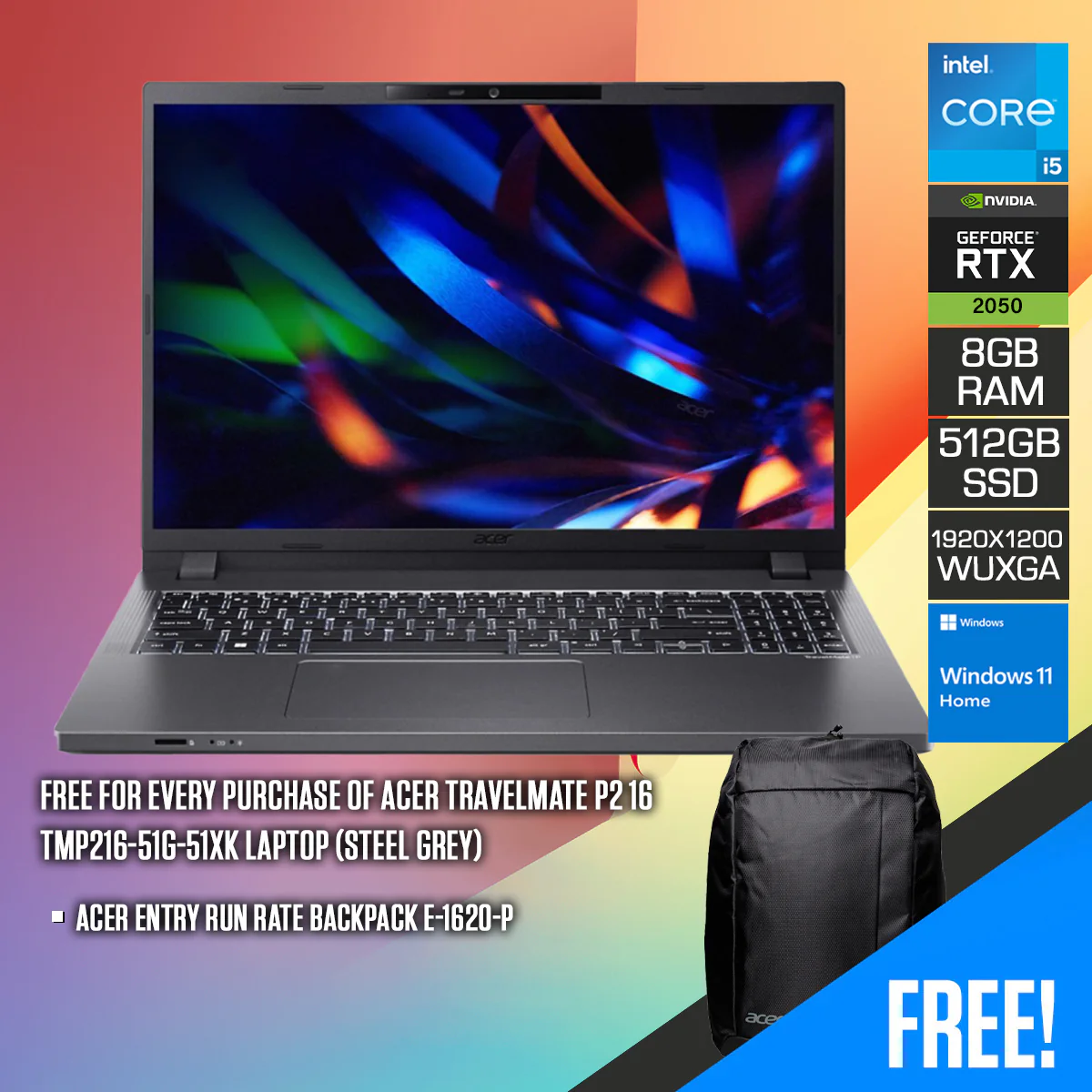 Acer Travelmate P2 16 TMP216-51G-51XK Laptop (Steel Grey) | 16" WUXGA IPS | I5-1335U | 8GB RAM | 512GB SSD | RTX 2050 | Windows 11 Home | Acer Entry Run Rate Backpack E-1620-P