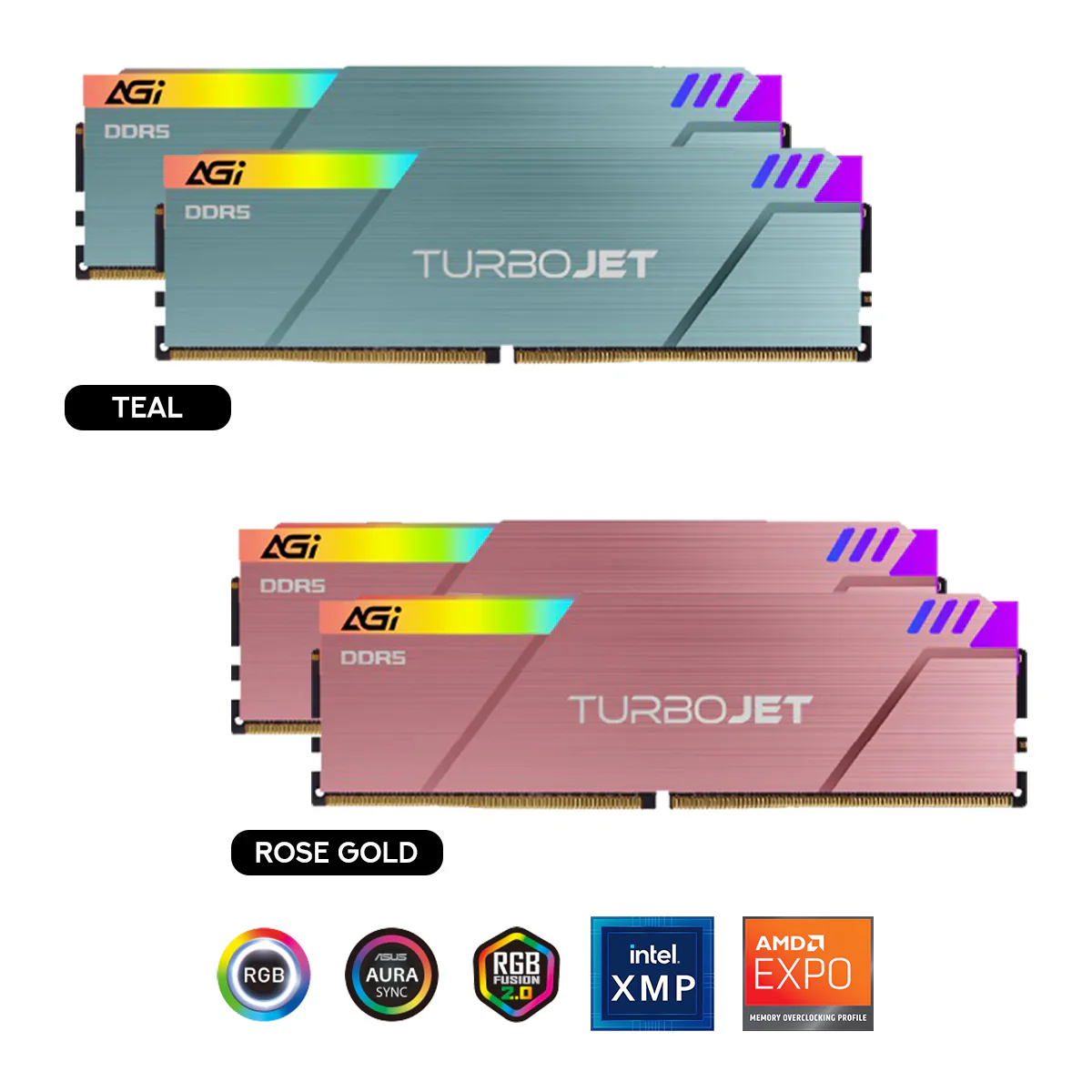 AGI TurboJet UD858 RGB 32GB (16GBx2) DDR5 7600MHz CL36 1.5V Gaming Memory Modules (Teal, Rose Gold)