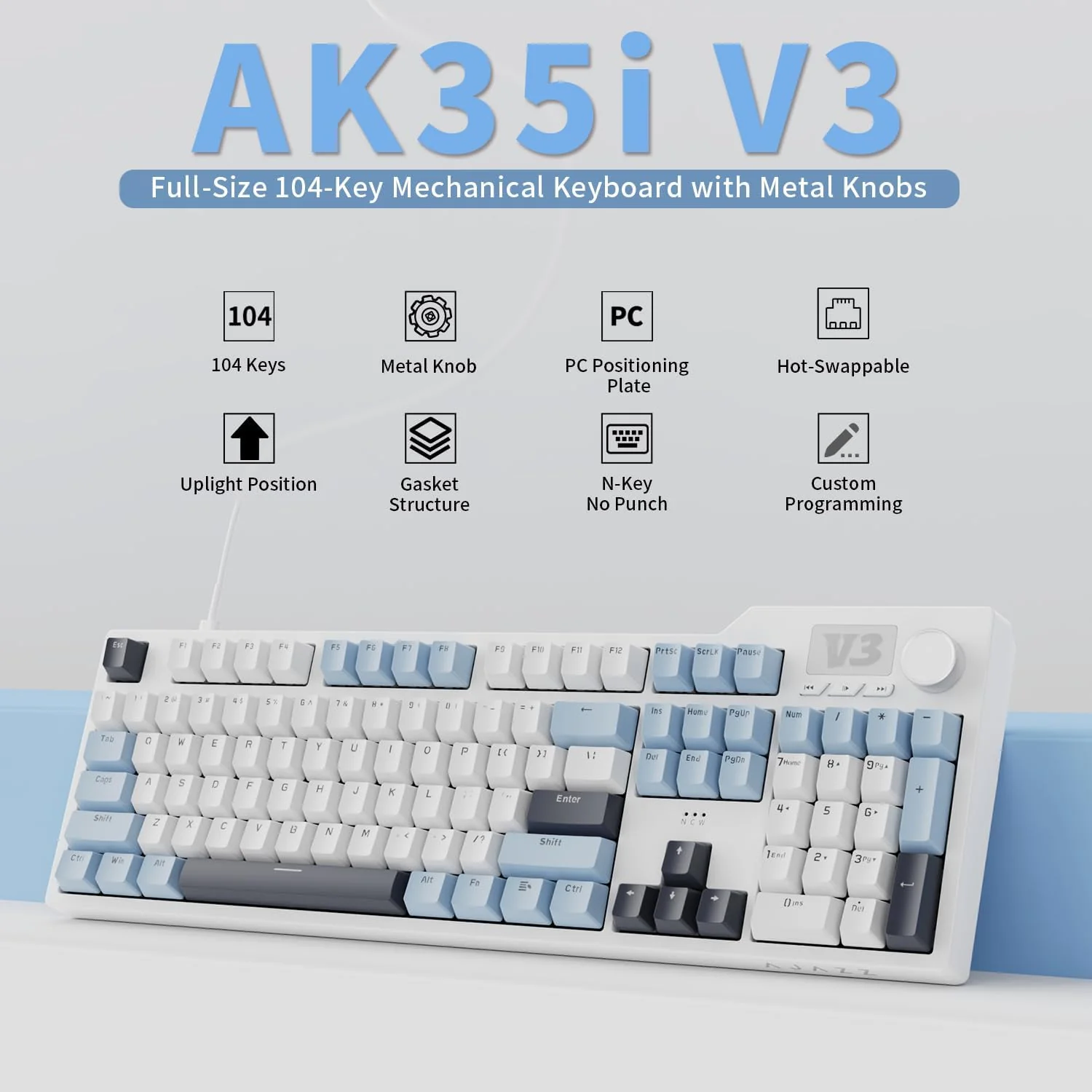 Ajazz AK35I V3 Wired 100% 104-Keys Gasket-mounted Hot Swappable Mechanical Keyboard (Blue/White/Blue) (Sea Salt Switch, Hyacinth Switch) - Image 4