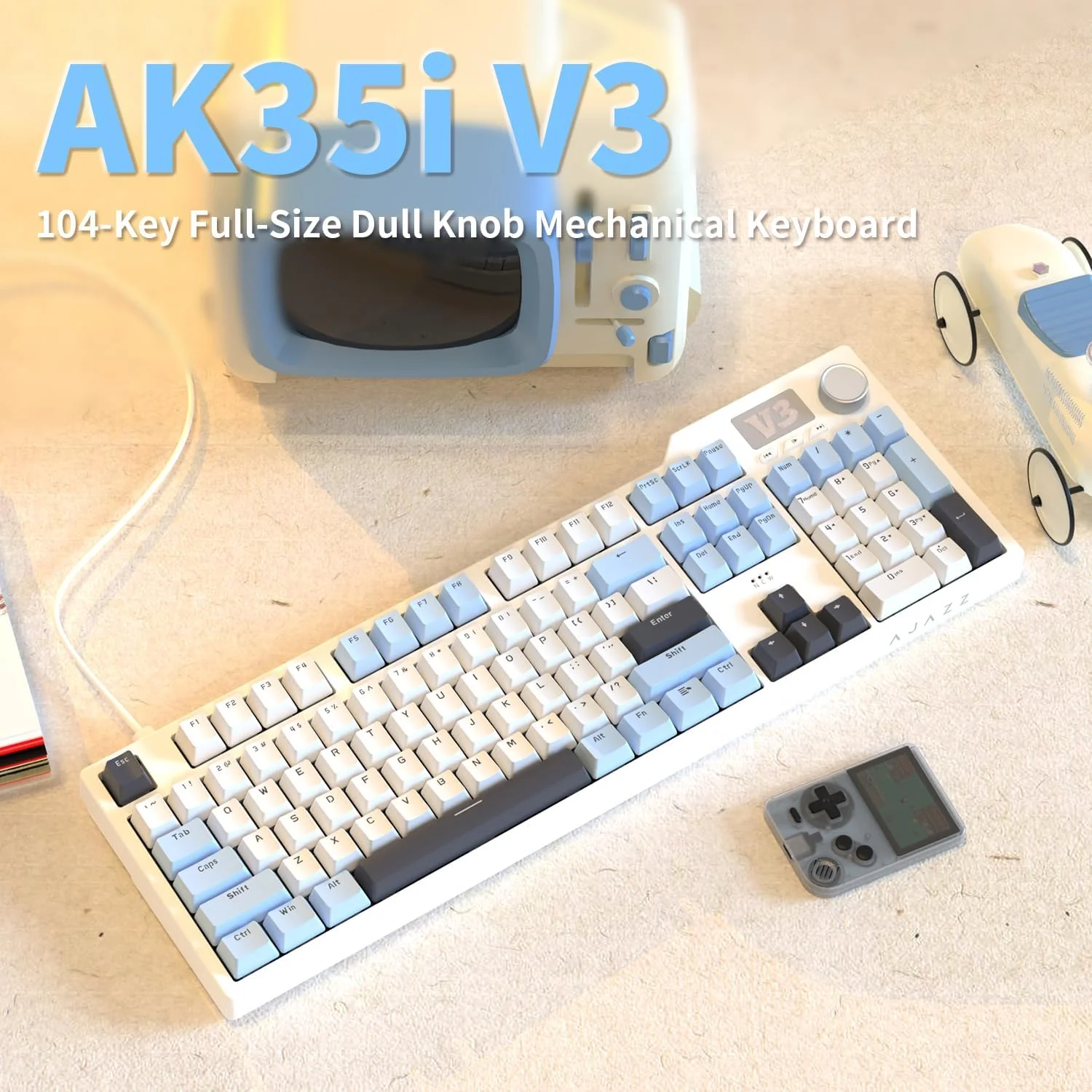 Ajazz AK35I V3 Wired 100% 104-Keys Gasket-mounted Hot Swappable Mechanical Keyboard (Blue/White/Blue) (Sea Salt Switch, Hyacinth Switch) - Image 6