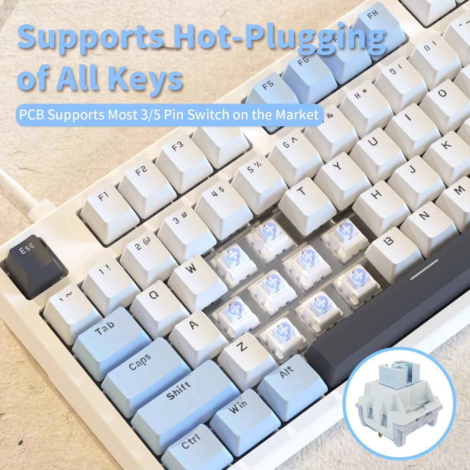 Ajazz AK35I V3 Wired 100% 104-Keys Gasket-mounted Hot Swappable Mechanical Keyboard (Blue/White/Blue) (Sea Salt Switch, Hyacinth Switch) - Image 7