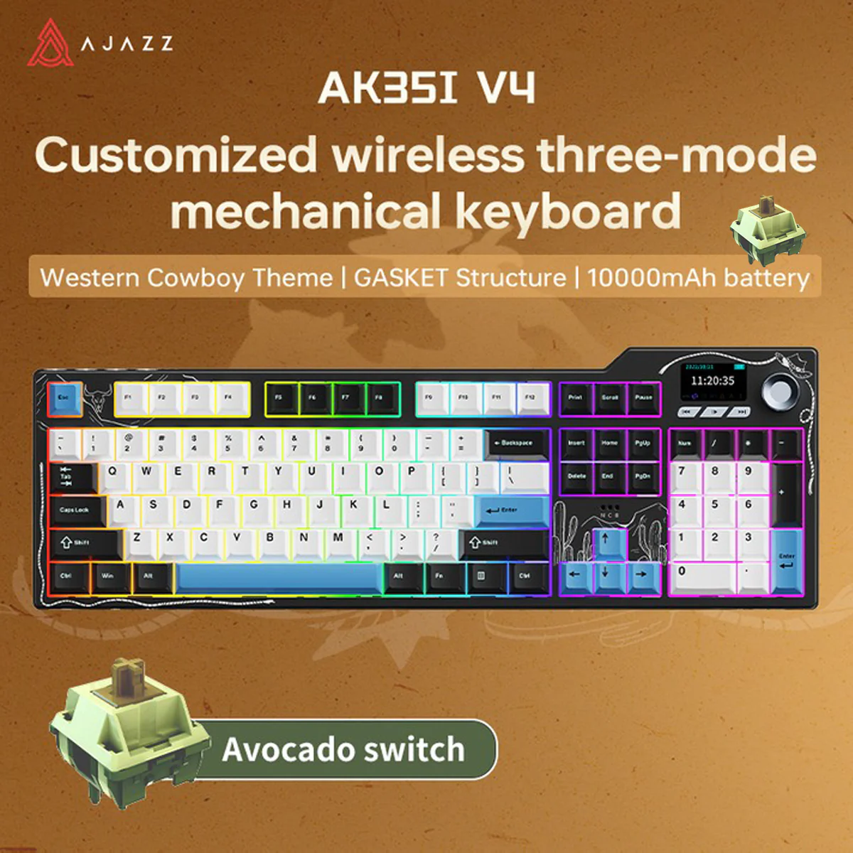 Ajazz AK35I V4 RGB Tri-Mode 100% 104-Keys Gasket-mounted Hot-Swappable Mechanical Keyboard (Black/White/Blue) (Avocado Switch - Image 2