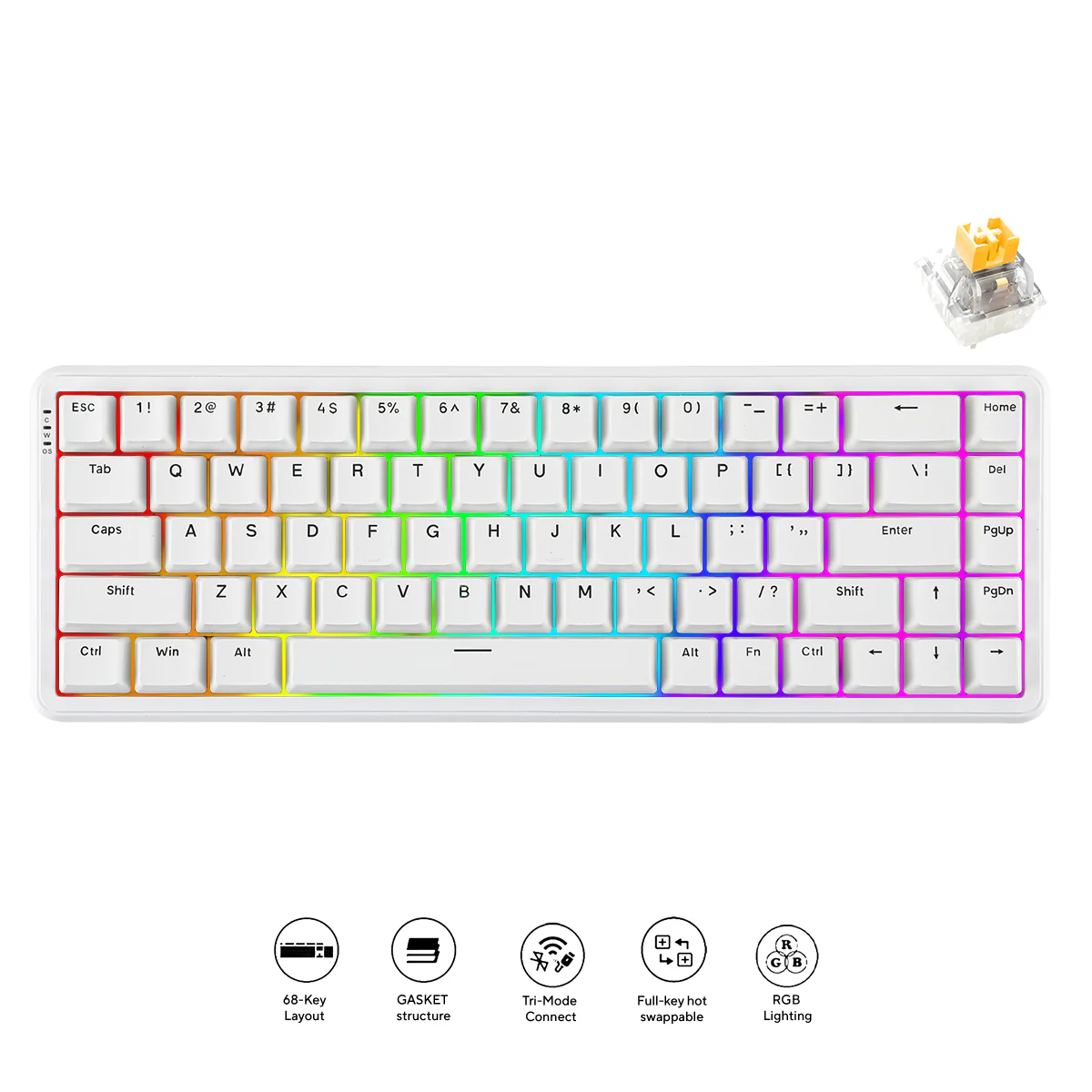 Ajazz AK680 Max RGB Tri-Mode 68-Keys Aluminum Positioning Plate Gasket-Mounted South Facing (1K Wireless + 8K Wired) Polling Rate Hot Swappable Mechanical Keyboard (White) (Magnetic Grain Hifi Switch)