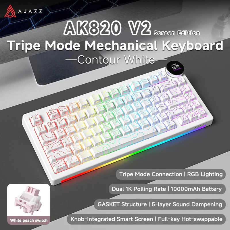 Ajazz AK820 V2 RGB Tri-Mode Mechanical Keyboard (Contour Lines White) (White Peach Switch) - Image 4
