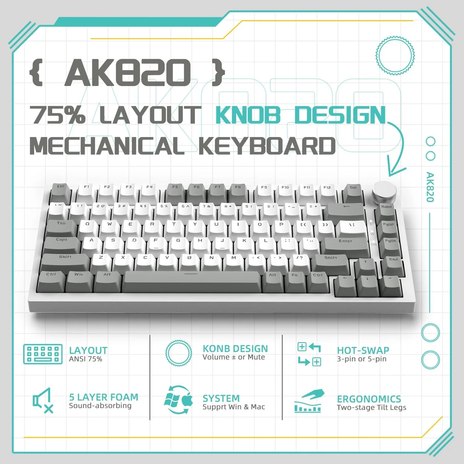 Ajazz AK820 White Backlit Wired 75% Hot-Swappable Mechanical Keyboard (Grey/White) (Red Switch) - Image 2