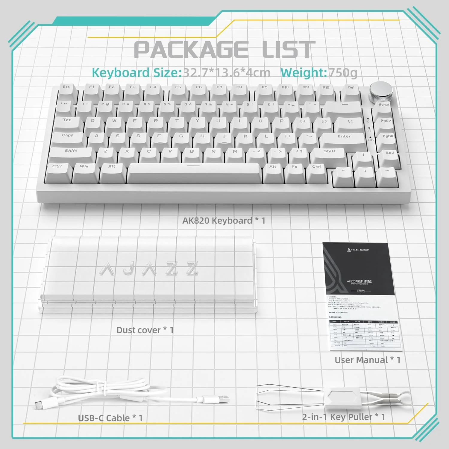 Ajazz AK820 White Backlit Wired 75% Hot-Swappable Mechanical Keyboard (White) (Blue Switch) - Image 8