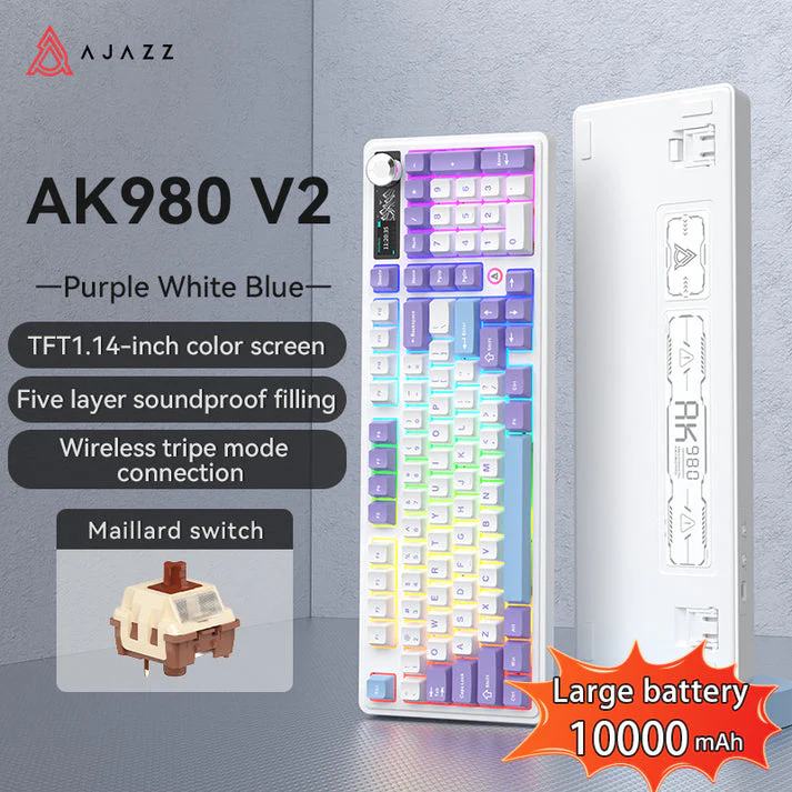 Ajazz AK980 V2 RGB Tri-Mode 98% 97-Keys Gasket-Mounted Hot-Swappable Mechanical Keyboard with 1.14" TFT Display Screen & Knob (Purple/White/Blue) (Maillard Switch) - Image 3