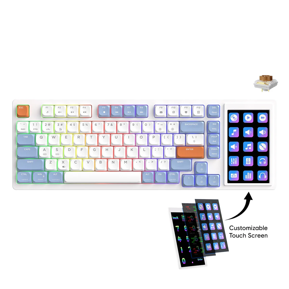 Ajazz AKP815 RGB Wired 81-Keys Hot-Swappable Mechanical Keyboard with 4.33" LCD Touch-control Color Screen (Blue/White/Orange) (Brown Switch)