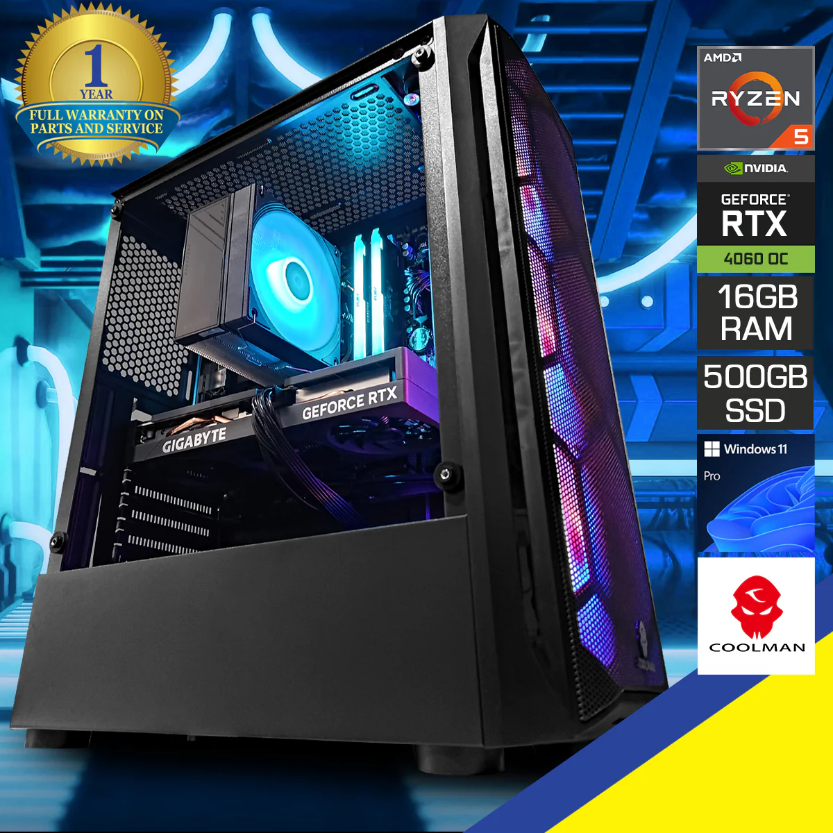 Alpha Aurora Black Desktop Gaming PC | AMD Ryzen 5 5500 | 16GB RAM | 500GB SSD | with WiFi + Bluetooth | GeForce RTX 4060 OC | Windows 11 Pro