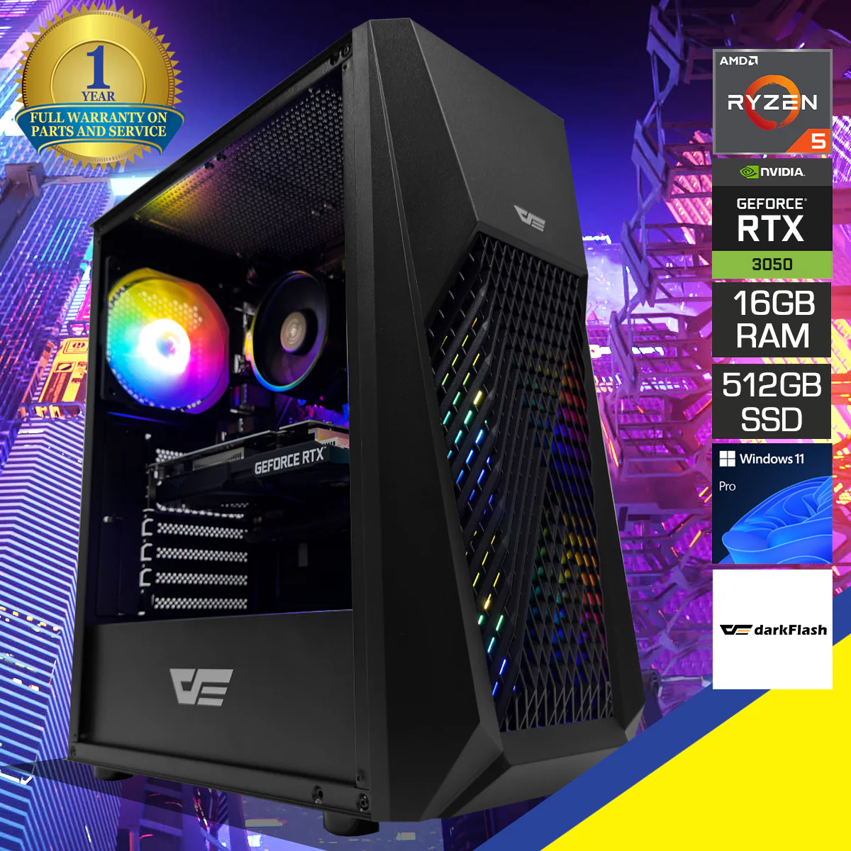 Alpha DK150 Black Desktop Gaming PC | AMD Ryzen 5 5500 | 16GB (2X8GB) RAM | 512GB SSD | RTX 3050 | Windows 11 Pro