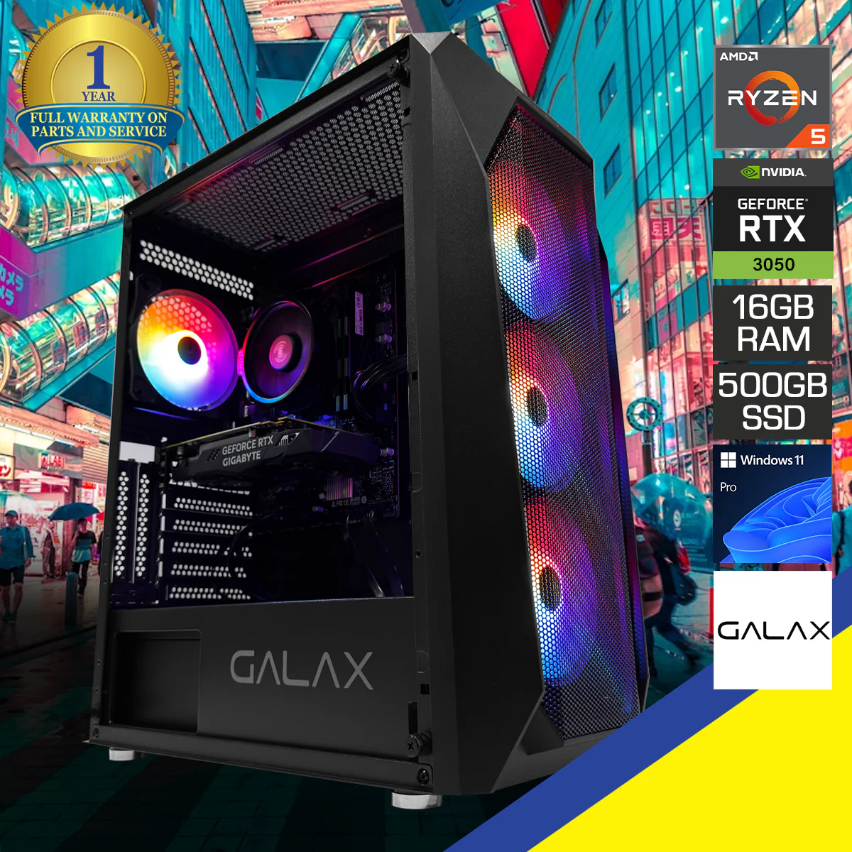 Alpha Galax Revo Black Desktop Gaming PC | AMD Ryzen 5 5500 | 16GB (2x8GB) RAM | 500GB SSD | RTX 3050 | Windows 11 Pro