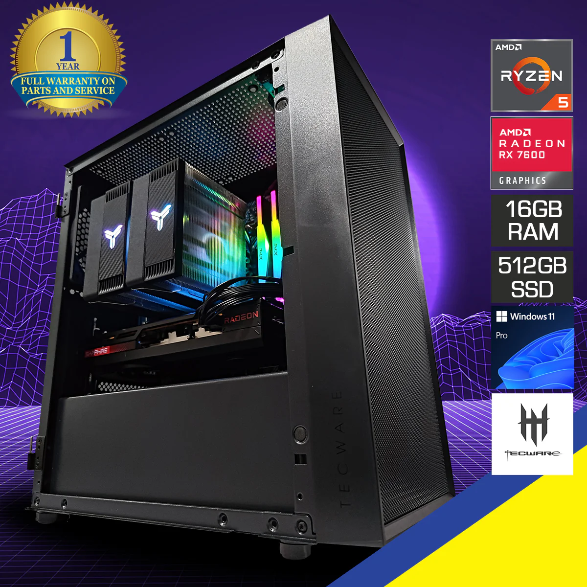 Alpha Nexus Air Black Desktop Gaming PC | AMD Ryzen 5 5500 | 16GB RAM | 512GB SSD | RX 7600 | Windows 11 Pro