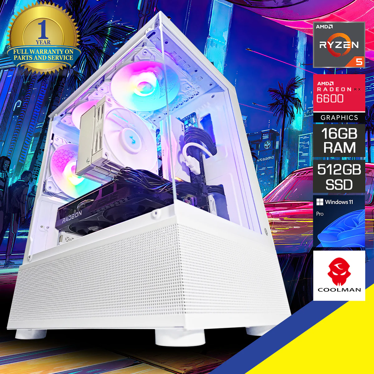 Alpha Reyna White V.2 Desktop Gaming PC | AMD Ryzen 5 5500 | 16GB RAM | 512GB SSD | RX 6600 | Windows 11 Pro