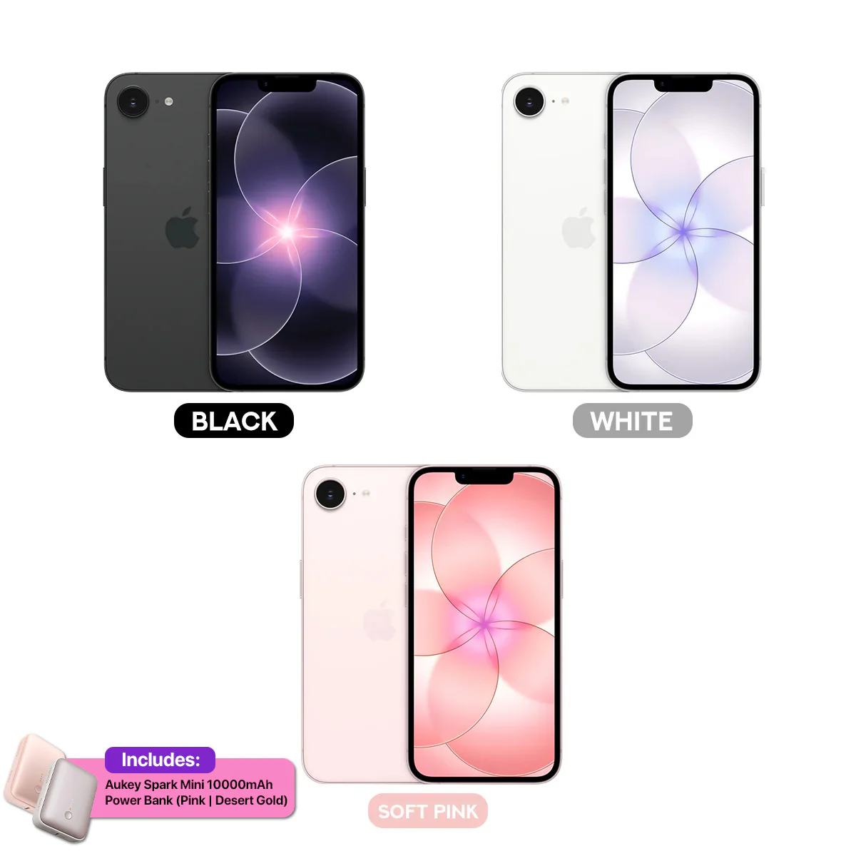 Apple iPhone 17e 256GB (Black, White, Soft Pink) + Aukey Spark Mini 10000mAh Power Bank (Pink, Desert Gold)