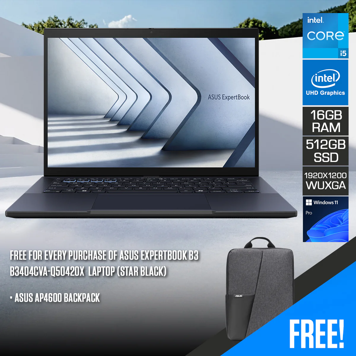 Asus Expertbook B3 B3404CVA-Q50420X Laptop (Star Black) | 14" WUXGA (1920x1200) | i5-1340P | 16GB RAM | 512GB SSD | Intel UHD Graphics | Windows 11 Pro | Asus AP4600 Backpack