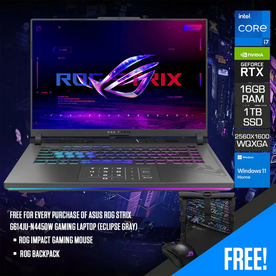 Asus ROG Strix G614JU-N4450W Gaming Laptop (Eclipse Gray) | 16" WQXGA (2560x1600) | i7-13650HX | 16GB RAM 1TB SSD | RTX 4050 Windows 11 Home | ROG Backpack | ROG Impact Gaming Mouse