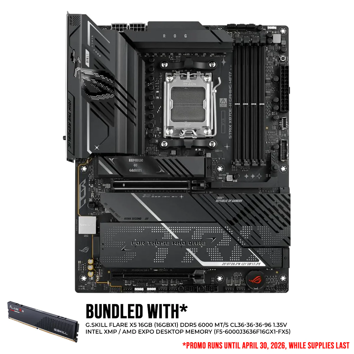 ASUS ROG Strix X870E-H Gaming WiFi7 Motherboard + G.Skill Flare X5 16GB (16GBx1) DDR5 6000 MT/s CL36-36-36-96 1.35V Intel XMP / AMD EXPO Desktop Memory (F5-6000J3636F16GX1-FX5)