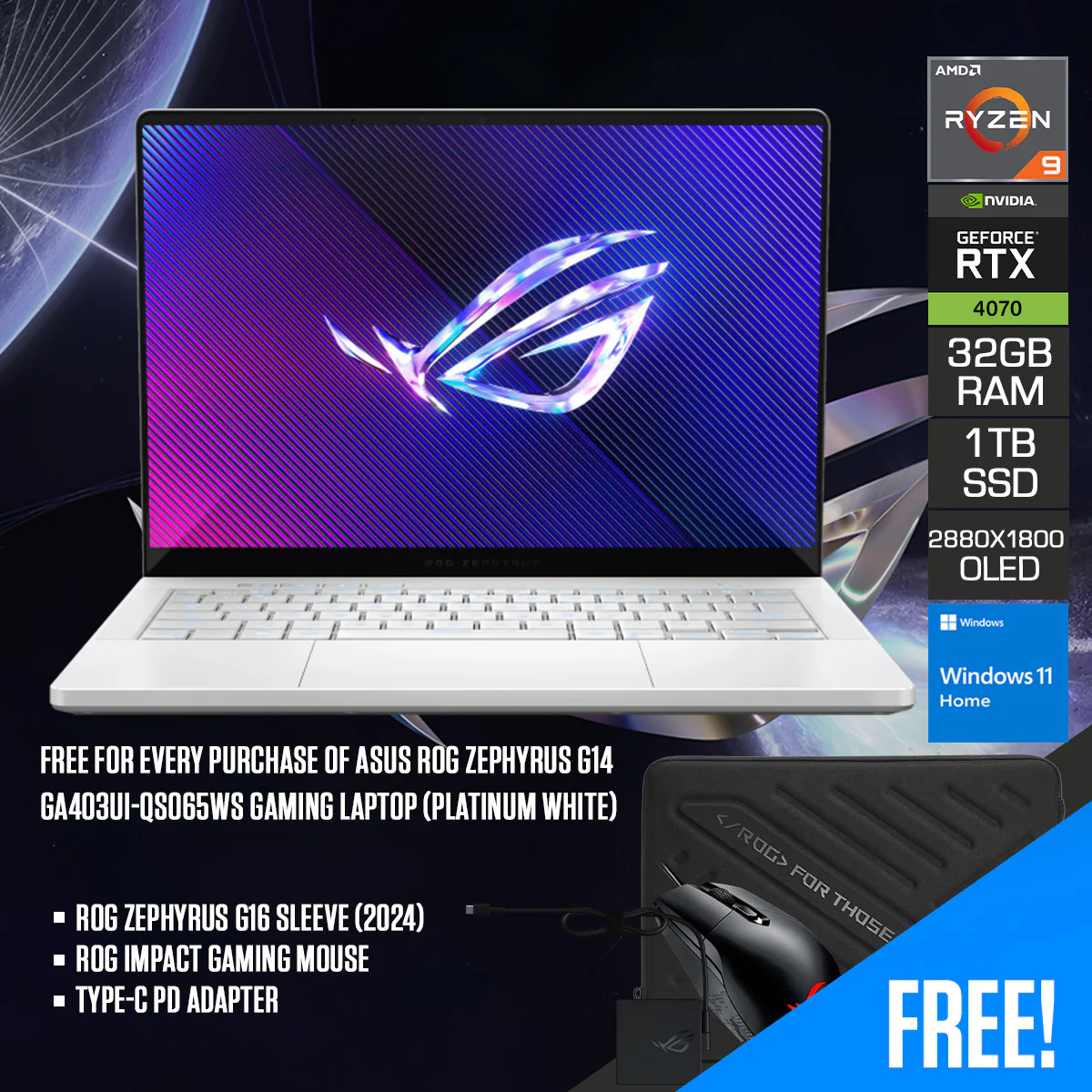 Asus ROG Zephyrus G14 GA403UI-QS065WS Gaming Laptop (Platinum White) | 14" 3K (2880x1800) OLED 120Hz | R9-8945HS | 32GB RAM | 1TB SSD | RTX 4070 | Windows  11 Home  | ROG  Zephyrus G14 Sleeve (2024) | ROG Impact Gaming Mouse | Type-C PD Adapter