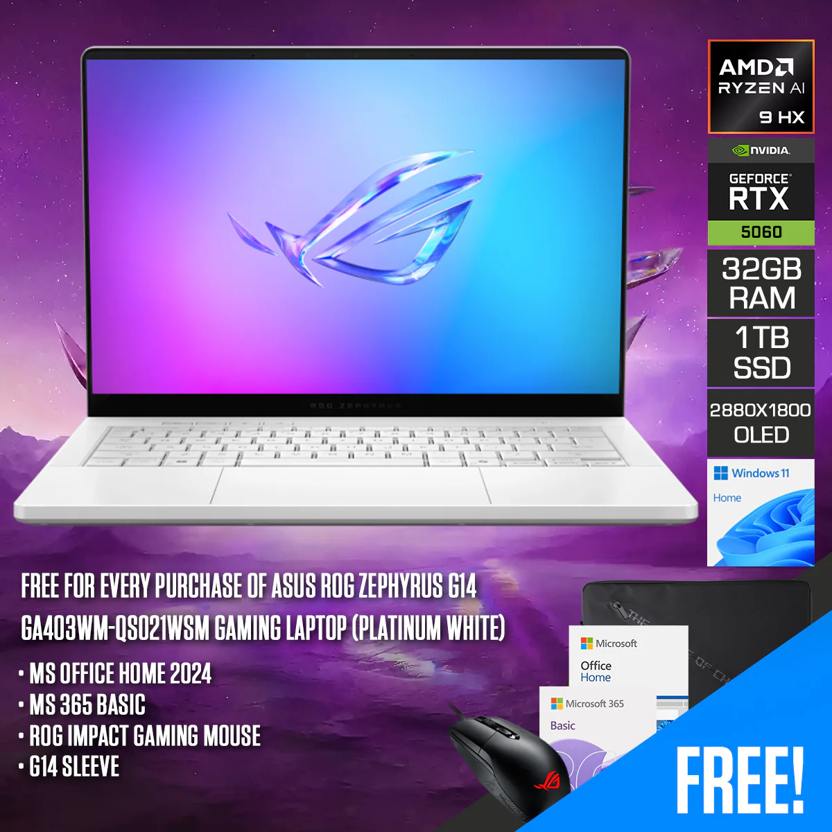 Asus ROG Zephyrus G14 GA403WM-QS021WSM Gaming Laptop (Platinum White) | 14" 3K (2880x1800) 120Hz OLED | Ryzen AI 9 HX 370 | 32GB RAM | 1TB SSD | RTX 5060 | Windows 11 Home | MS Office Home 2024 + MS 365 Basic + ROG Impact Gaming Mouse + G14 Sleeve