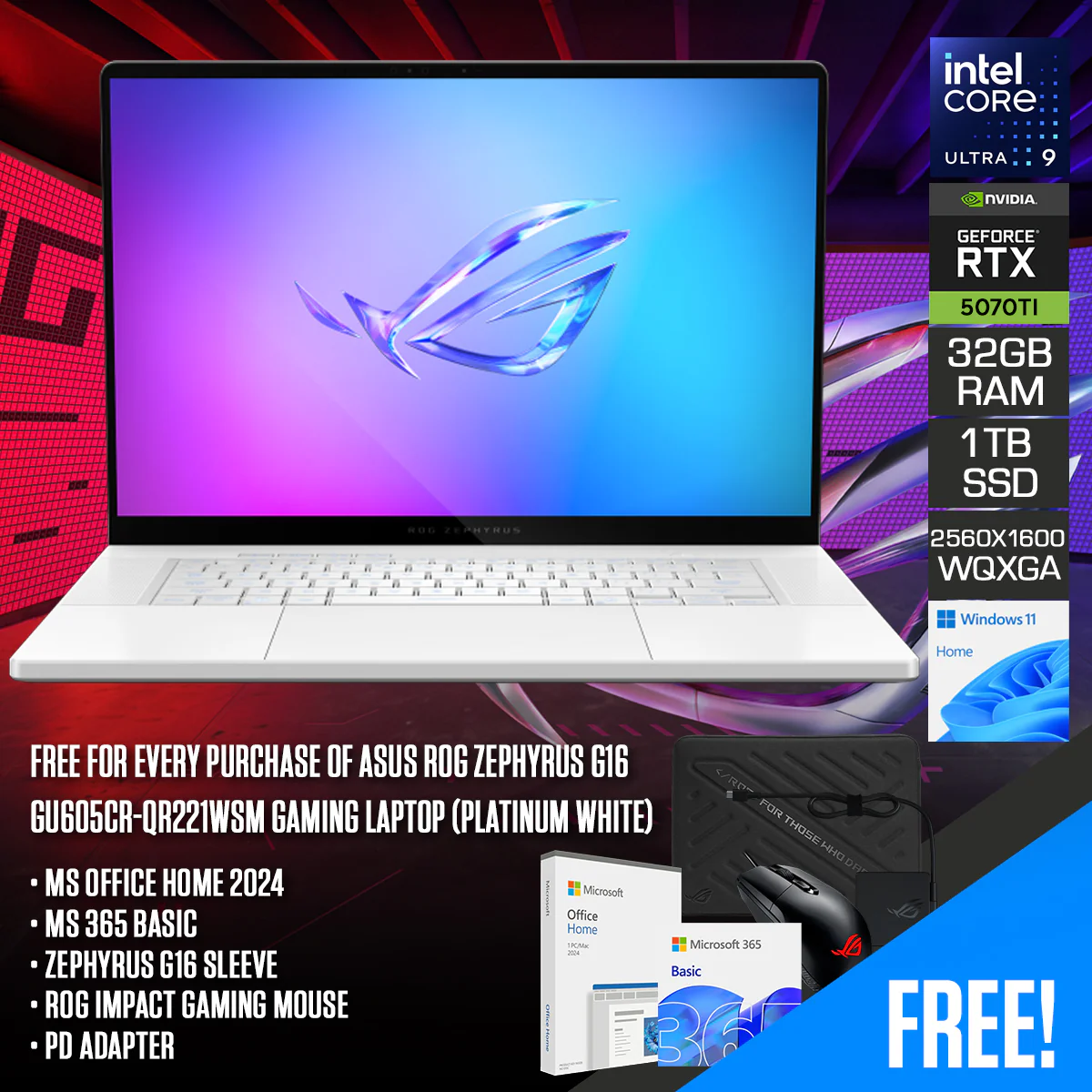 Asus ROG Zephyrus G16 GU605CR-QR221WSM Gaming Laptop (Platinum White) | 16" 2.5K (2560x1600) OLED 240Hz | Core Ultra 9-285H | 32GB RAM | 1TB SSD | RTX 5070 Ti | Win 11 Home | MS Office Home 2024 + MS 365 Basic + Sleeve + Impact Gaming Mouse + PD Adapter