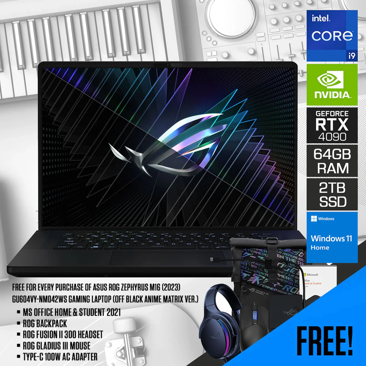 Asus ROG Zephyrus M16 (2023) GU604VY-NM042WS Gaming Laptop (Off Black Anime Matrix Ver.) | 16" QHD+ | Intel i9 13900H | 64GB RAM | 2TB SSD | RTX 4090 | Windows 11 Home | MS Office H & S | ROG Backpack | Fusion II 300 | Gladius III Mouse | Type-C 100W AC