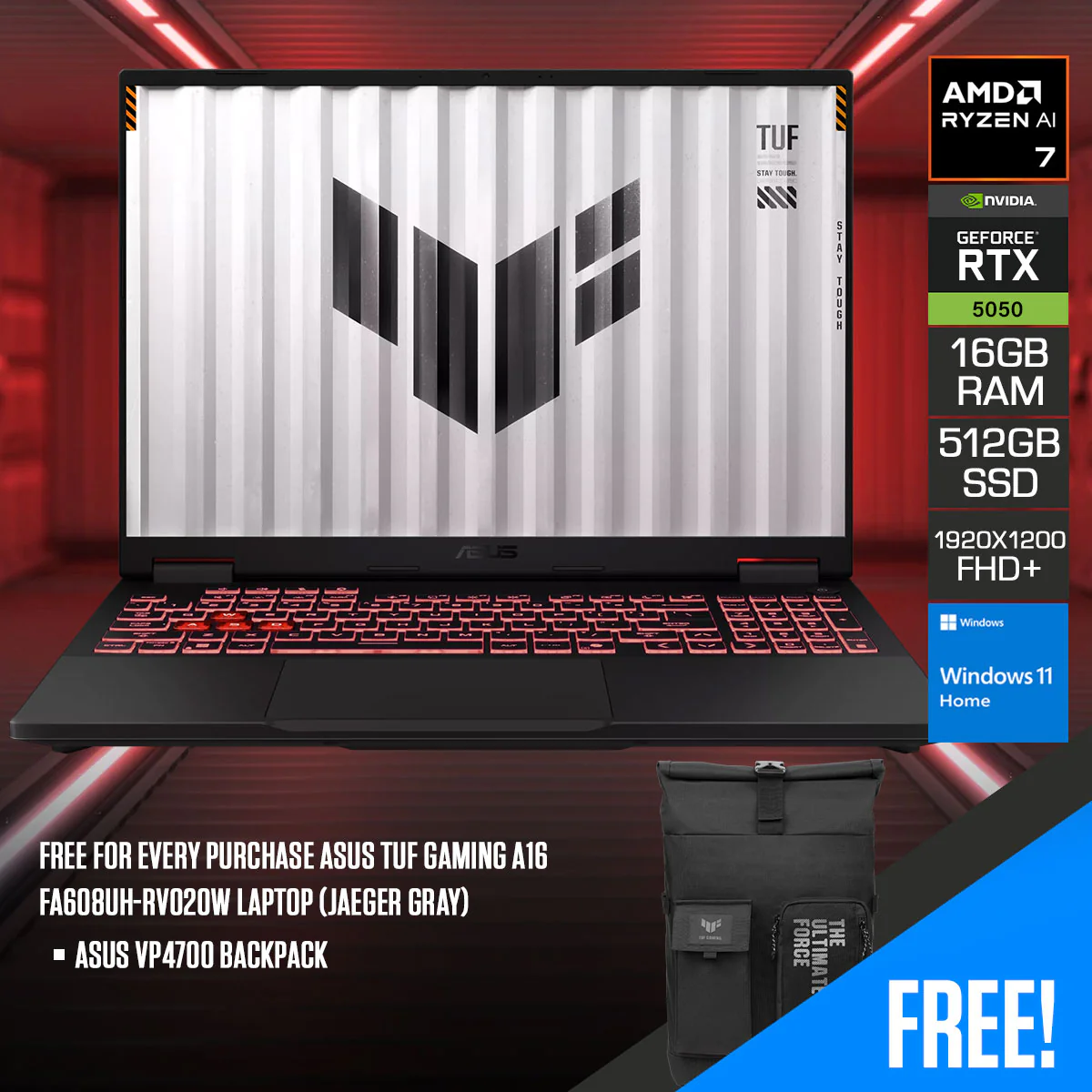 ASUS TUF Gaming A16 FA608UH-RV020W Laptop (Jaeger Gray) | 16" FHD+ (1920x1200) 165Hz IPS | Ryzen 7 260 | 16GB RAM | 512GB SSD | RTX 5050 | Windows 11 Home + ASUS VP4700 Backpack