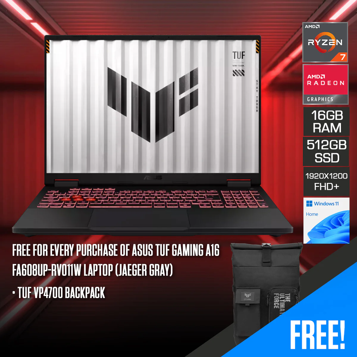 ASUS TUF Gaming A16 FA608UP-RV011W Laptop (Jaeger Gray) | 16" FHD+ (1920x1200) 165Hz IPS | Ryzen 7 260 | 16GB RAM | 512GB SSD | RTX 5070 | Windows 11 Home | TUF VP4700 Backpack