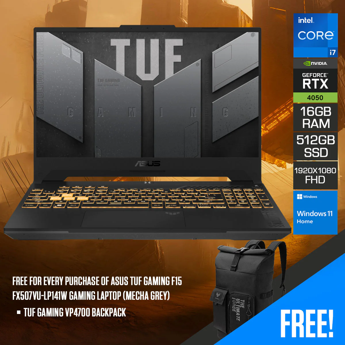 Asus TUF Gaming F15 FX507VU-LP141W Gaming Laptop  (Mecha Grey) | 15.6" FHD (1920x1080) | i7-13620H | 16GB RAM | 512GB SSD | RTX 4050 | Windows 11 Home | TUF Gaming VP4700 Backpack