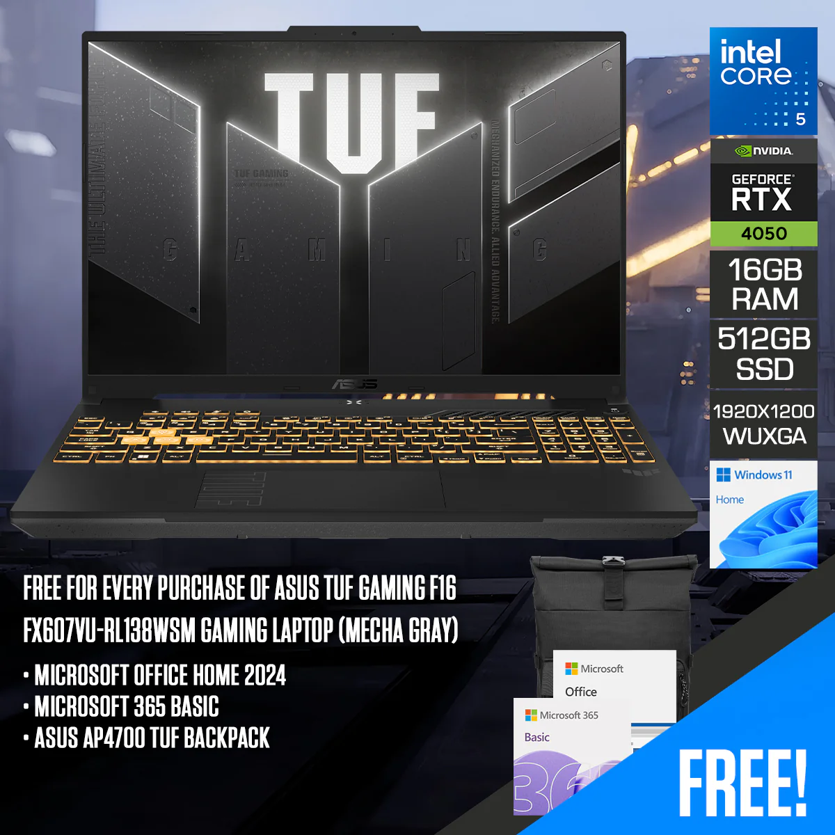 Asus TUF Gaming F16 FX607VU-RL138WSM Gaming Laptop (Mecha Gray) | 16" WUXGA (1920x1200) | i5 210H | 16GB RAM | 512GB SSD | RTX 4050 | Windows 11 Home + Microsoft Office Home 2024 + Microsoft 365 Basic + Asus AP4700 TUF Backpack