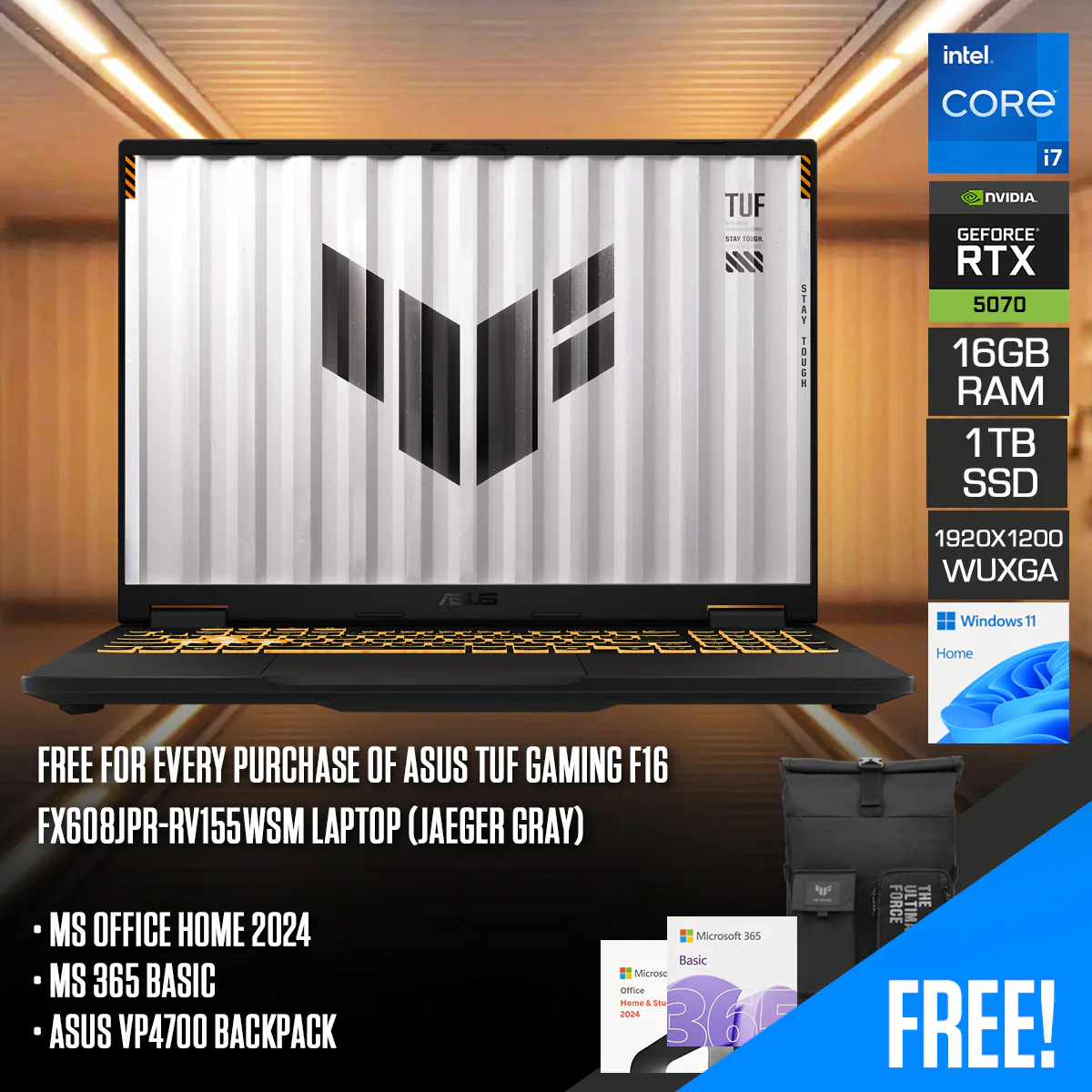 ASUS TUF Gaming F16 FX608JPR-RV155WSM Laptop (Jaeger Gray) | 14" FHD+ (1920x1200) 165Hz IPS | Core i7-14650HX | 16GB RAM | 1TB SSD | RTX 5070 | Windows 11 Home | MS Office Home 2024 + MS 365 Basic + ASUS VP4700 Backpack