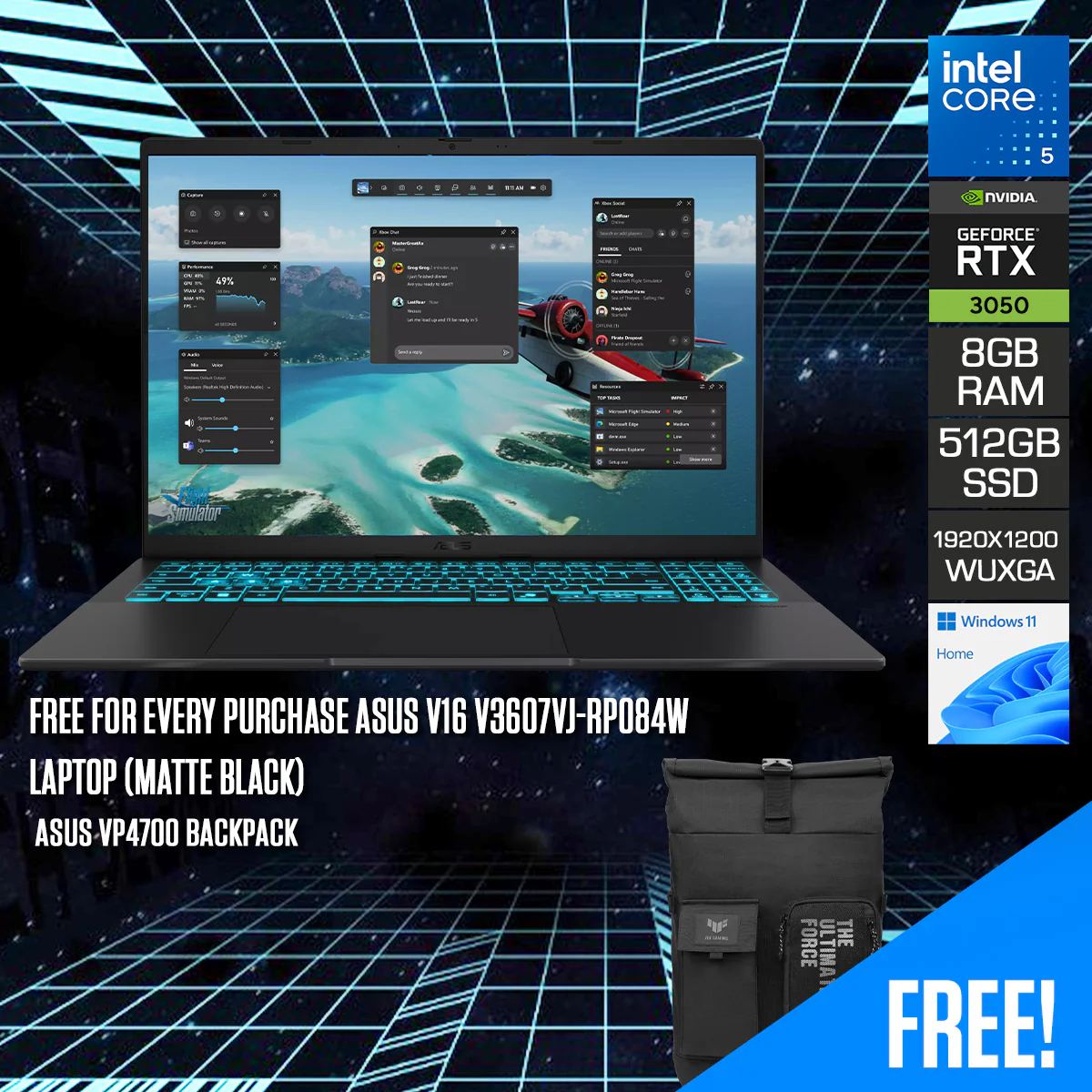 Asus V16 V3607VJ-RP084W Laptop (Matte Black) | 16" WUXGA (1920x1200) 144Hz | Core 5 210H | 8GB RAM | 512GB SSD | RTX 3050 | Windows 11 Home | Asus VP4700 Backpack