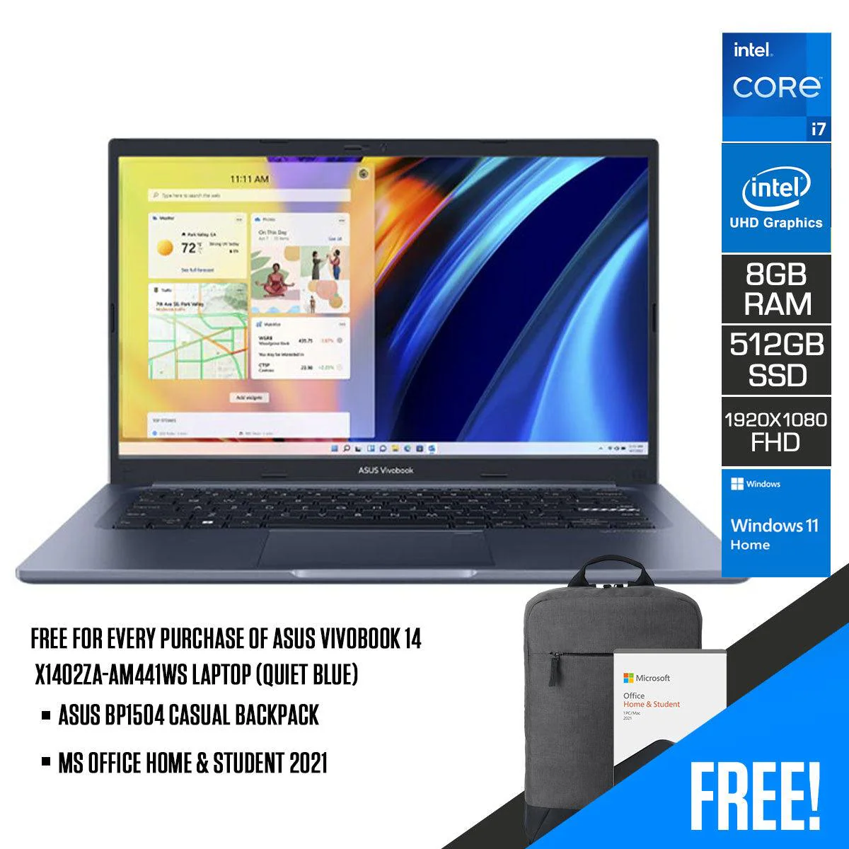 Asus Vivobook 14 X1402ZA-AM441WS Laptop (Quiet Blue) | 14" FHD | i7-1260P | 8GB RAM | 512GB SSD | Intel® UHD Graphics | Windows 11 Home | MS Office Home & Student 2021 | Asus BP1504 Casual Backpack
