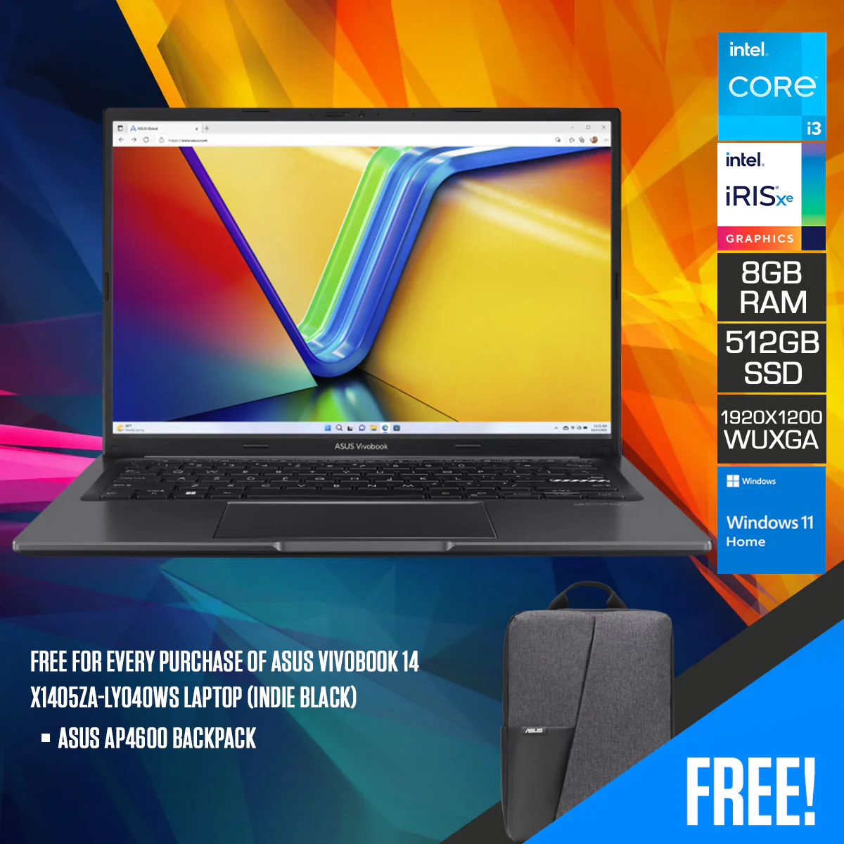 Asus Vivobook 14 X1405ZA-LY040WS Laptop (Indie Black) | 14” WUXGA (1920x1200) | i3 1215U | 8GB RAM | 512GB SSD | Intel Iris Xe Graphics | Windows 11 Home | Asus AP4600 Backpack