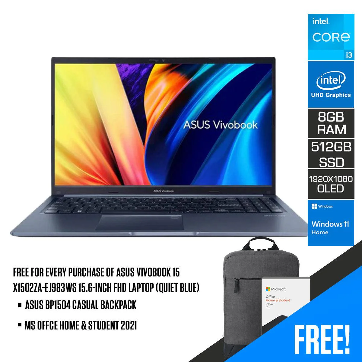 Asus Vivobook 15 X1502ZA-EJ983WS Laptop (Quiet Blue) | 15.6" FHD (1920 x 1080) | i3-1220P | 8GB RAM | 512GB SSD | Intel® UHD Graphics | Windows 11 Home | MS Office H&S 2021 | ASUS BP1504 Casual Backpack