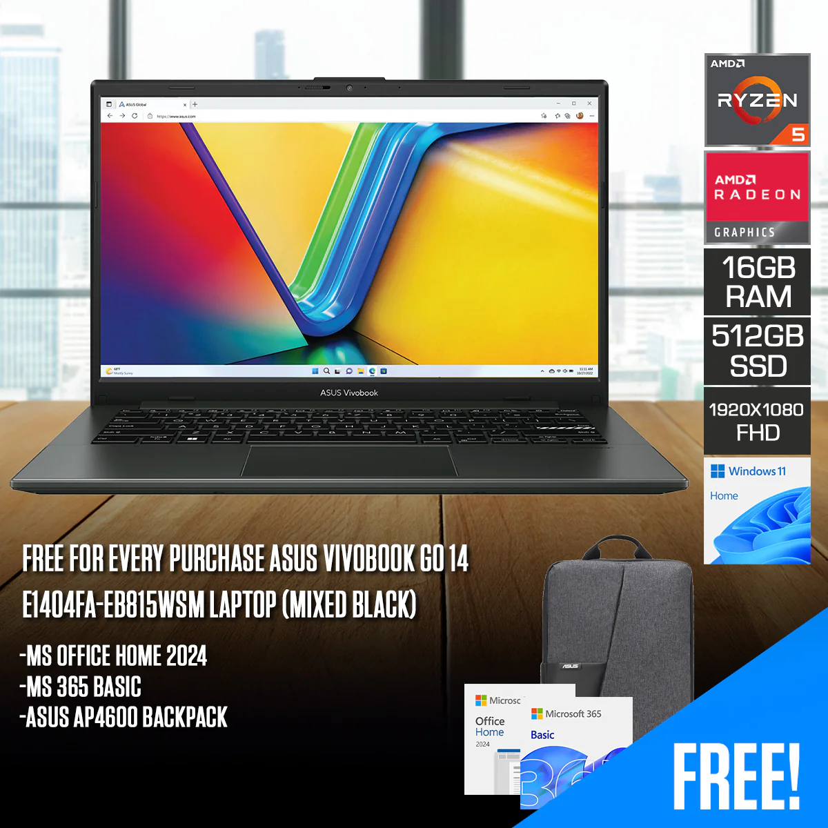 Asus Vivobook Go 14 E1404FA-EB815WSM Laptop (Mixed Black) | 14" FHD (1920x1080) IPS | Ryzen 5 7520U | 16GB RAM | 512GB SSD | AMD Radeon Graphics | Windows 11 Home | MS Office Home 2024 + MS 365 Basic + Asus AP4600 Backpack